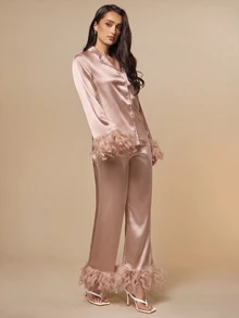 Silquee Ladies' Feather Decorated Imitation Silk Pajamas Set, Fall Winter Clothes - Champagne - View 6