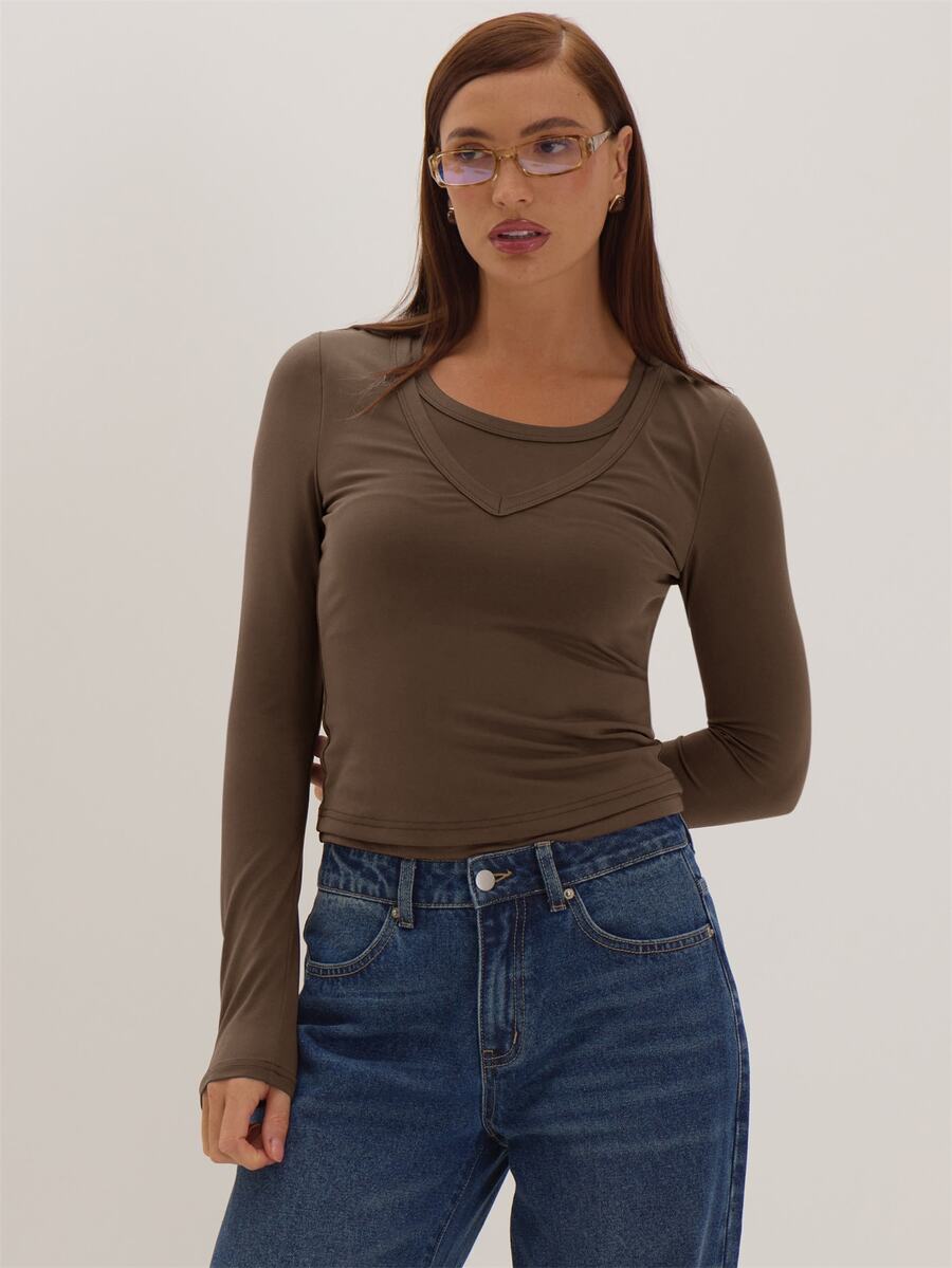 MUSEYN Brown Jersey Long Sleeve Double Layered Detail Top Versatile Everyday Casual New Season Fall - Brown - View 1