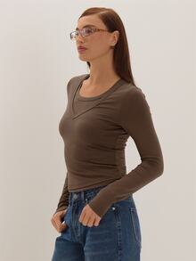 MUSEYN Brown Jersey Long Sleeve Double Layered Detail Top Versatile Everyday Casual New Season Fall - Brown - View 3