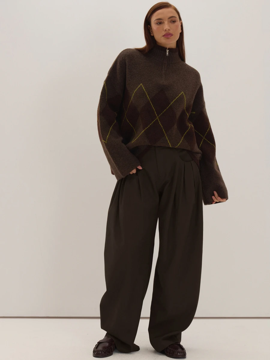MUSEYN Brown Woven Pleated Detail Wide Leg Suit Trousers Versatile Everyday Casual New Season Fall - Brown - View 1