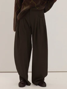 MUSEYN Brown Woven Pleated Detail Wide Leg Suit Trousers Versatile Everyday Casual New Season Fall - Brown - View 2