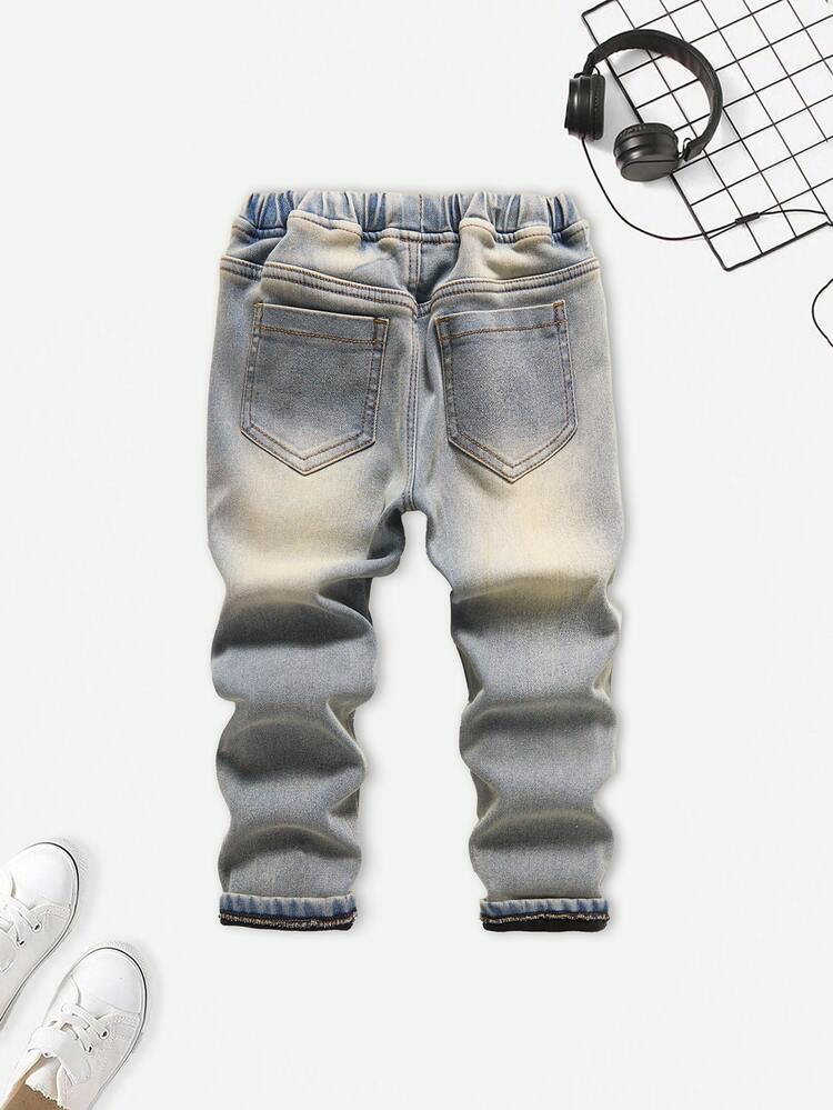 SHEIN Genkimix Kids Boys' Light Blue Washed Thermal-Lined Denim Jeans, Drawstring Elastic Waist Design, Distressed Straight Leg Long Pants, Casual Outdoor Denim Jeans - Medium Wash - View 2
