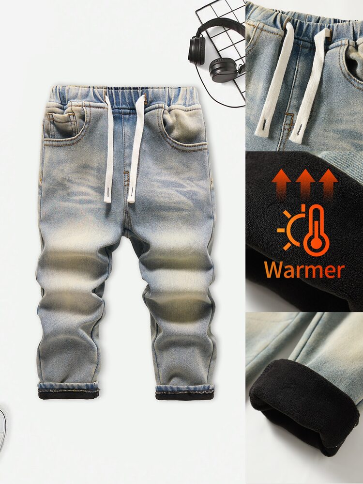 SHEIN Genkimix Kids Boys' Light Blue Washed Thermal-Lined Denim Jeans, Drawstring Elastic Waist Design, Distressed Straight Leg Long Pants, Casual Outdoor Denim Jeans - Medium Wash - View 3