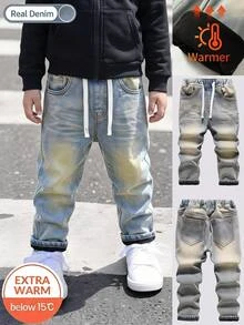 SHEIN Genkimix Kids 男童淺藍色水洗保暖內裡牛仔長褲，抽繩鬆緊腰設計，破洞直筒休閒戶外牛仔褲 - 中等水洗藍 - 查看 1
