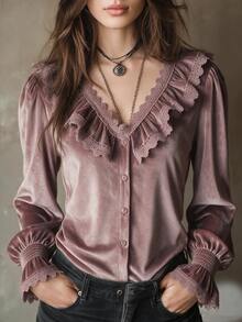 LUMIGAL 優雅天鵝絨面料高端質感蕾絲飾邊襯衫 - 淡紫色 - 查看 2