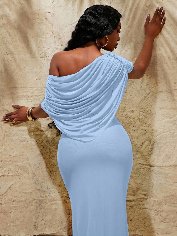 Radiana Plus Size Women's Spring/Summer Fashion Elegant Formal Asymmetric Neck Cape Style Mermaid Hem Sexy Evening Party Wedding Guest Dress Light Blue - Baby Blue - View 7