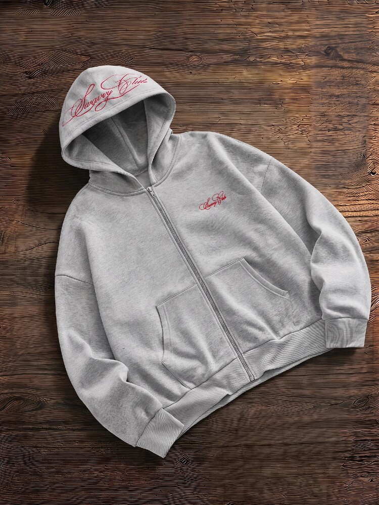 SWAVVY Men's Knitted Fashion Daily Youth Casual Loose Fit English Embroidery Long Sleeve Hoodie - Grey - View 1