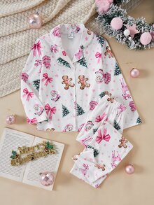SHEIN 女童秋冬聖誕睡衣 2件組 鈕扣開襟長袖印花熊長褲套裝 - 彩色 - 查看 1