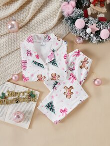 SHEIN 女童秋冬聖誕睡衣 2件組 鈕扣開襟長袖印花熊長褲套裝 - 彩色 - 查看 4