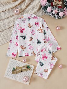SHEIN 女童秋冬聖誕睡衣 2件組 鈕扣開襟長袖印花熊長褲套裝 - 彩色 - 查看 2