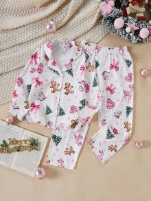 SHEIN 女童秋冬聖誕睡衣 2件組 鈕扣開襟長袖印花熊長褲套裝 - 彩色 - 查看 3