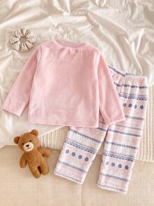 SHEIN Setelan Atasan Pullover Lengan Panjang Leher Bulat Berbahan Fleece Motif Penguin Lucu untuk Bayi Perempuan, Cocok untuk Musim Dingin - Berwarna merah muda - View 2