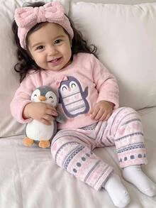 SHEIN Setelan Atasan Pullover Lengan Panjang Leher Bulat Berbahan Fleece Motif Penguin Lucu untuk Bayi Perempuan, Cocok untuk Musim Dingin - Berwarna merah muda - View 1