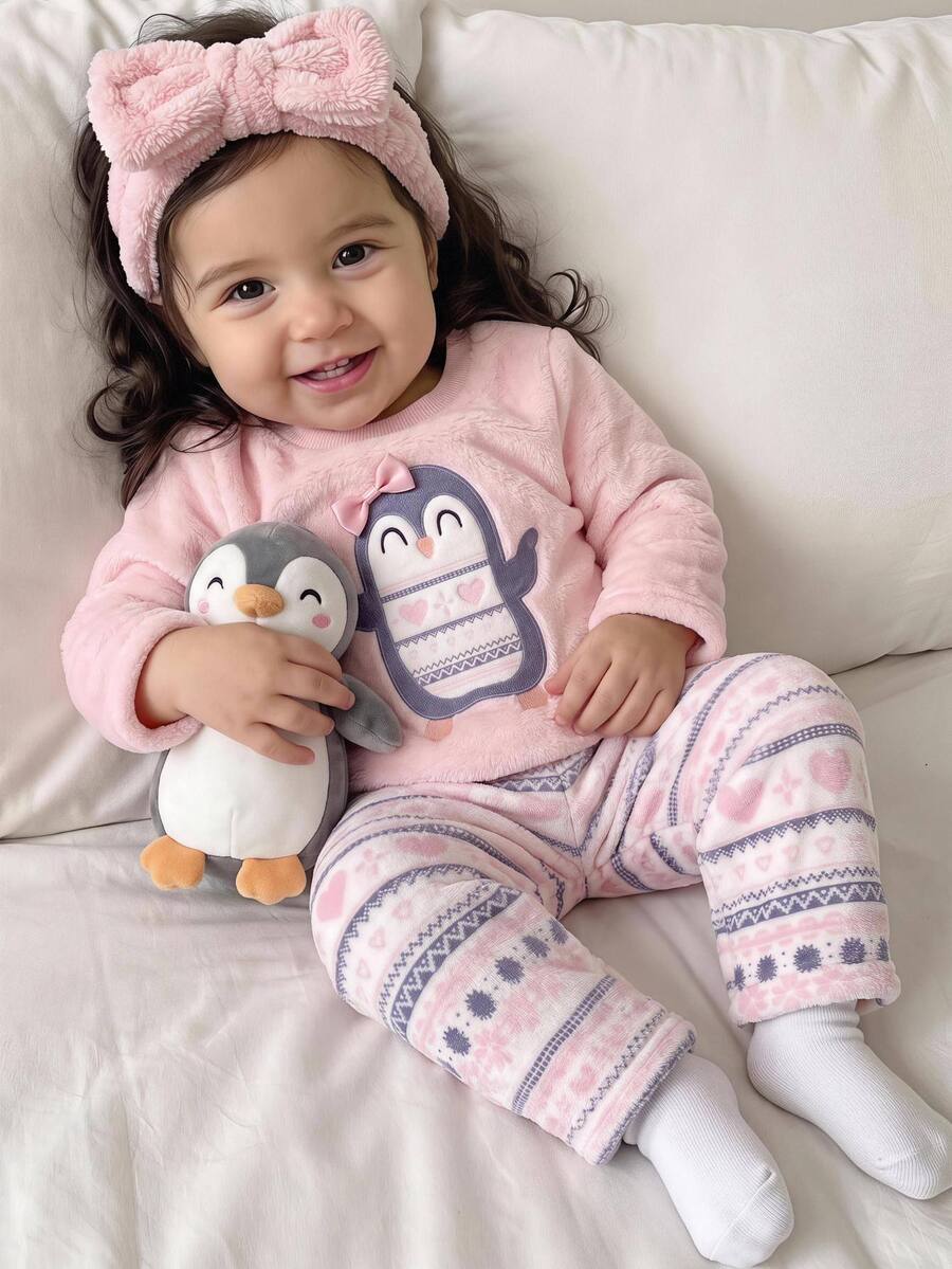 SHEIN Setelan Atasan Pullover Lengan Panjang Leher Bulat Berbahan Fleece Motif Penguin Lucu untuk Bayi Perempuan, Cocok untuk Musim Dingin - Berwarna merah muda - View 1