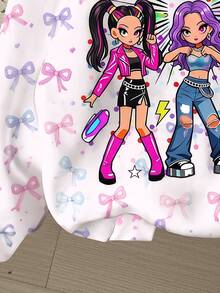 Young Girl Cute Cartoon Girl Group Print Sweatshirt (K-Pop Superstar Style, Bow Element), Suitable For Autumn/Winter Wear - Multicolor - View 5