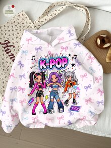 Young Girl Cute Cartoon Girl Group Print Sweatshirt (K-Pop Superstar Style, Bow Element), Suitable For Autumn/Winter Wear - Multicolor - View 2