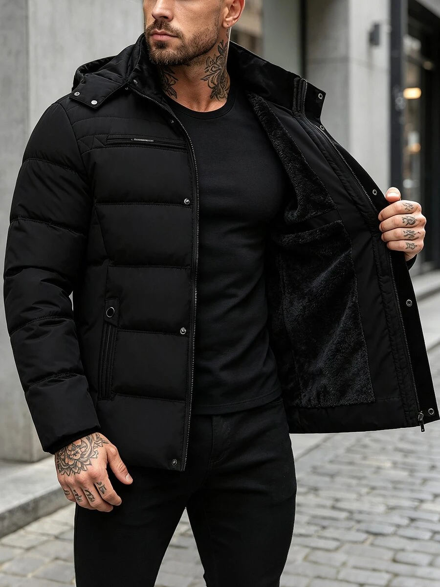Manfinity Homme 加厚保暖內裡可拆式連帽前開拉鍊多口袋防寒男士填充外套，羽絨服 - 黑色 - 查看 1
