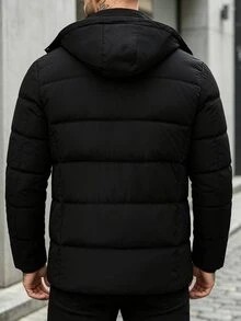 Manfinity Homme 加厚保暖內裡可拆式連帽前開拉鍊多口袋防寒男士填充外套，羽絨服 - 黑色 - 查看 4