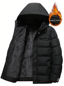 Manfinity Homme 加厚保暖內裡可拆式連帽前開拉鍊多口袋防寒男士填充外套，羽絨服 - 黑色 - 查看 5