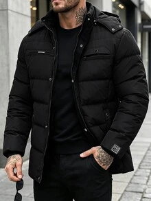Manfinity Homme 加厚保暖內裡可拆式連帽前開拉鍊多口袋防寒男士填充外套，羽絨服 - 黑色 - 查看 2