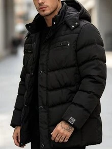Manfinity Homme 加厚保暖內裡可拆式連帽前開拉鍊多口袋防寒男士填充外套，羽絨服 - 黑色 - 查看 3