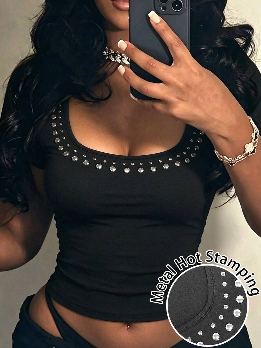 Rovax Square Neck Sequin Straight-Shoulder Short T-Shirt, Slimming And High-Stretch, Midriff-Baring, Hot Girl Black Short Sleeve Top For Summer - Multicolor - View 1