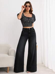 SHEIN PETITE 女款街頭風鈕扣口袋寬鬆牛仔長褲 - 黑色 - 查看 6