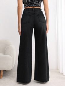 SHEIN PETITE 女款街頭風鈕扣口袋寬鬆牛仔長褲 - 黑色 - 查看 2