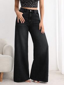 SHEIN PETITE 女款街頭風鈕扣口袋寬鬆牛仔長褲 - 黑色 - 查看 3