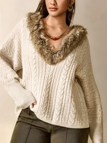 Linhara CURVE Autumn/Winter Atmosphere Faux Fur Collar Pullover Knit Sweater - Camel - View 7
