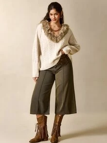 Linhara CURVE Autumn/Winter Atmosphere Faux Fur Collar Pullover Knit Sweater - Camel - View 4
