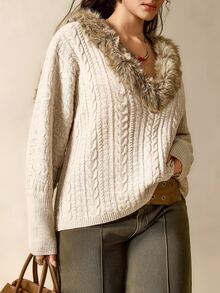 Linhara CURVE Autumn/Winter Atmosphere Faux Fur Collar Pullover Knit Sweater - Camel - View 5
