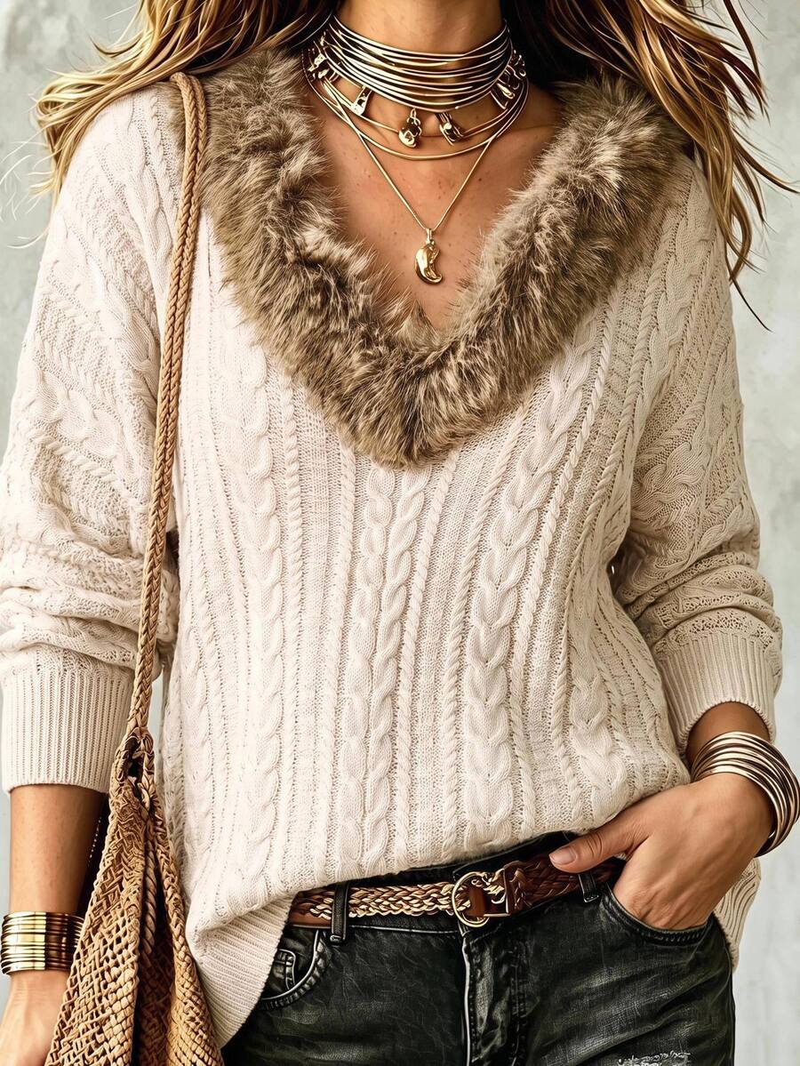 Linhara CURVE Autumn/Winter Atmosphere Faux Fur Collar Pullover Knit Sweater - Camel - View 1
