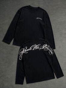 SHEIN 兒童青少年男孩字母印花圓領長袖休閒百搭T恤 - 黑色 - 查看 2