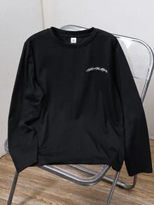 SHEIN 兒童青少年男孩字母印花圓領長袖休閒百搭T恤 - 黑色 - 查看 4