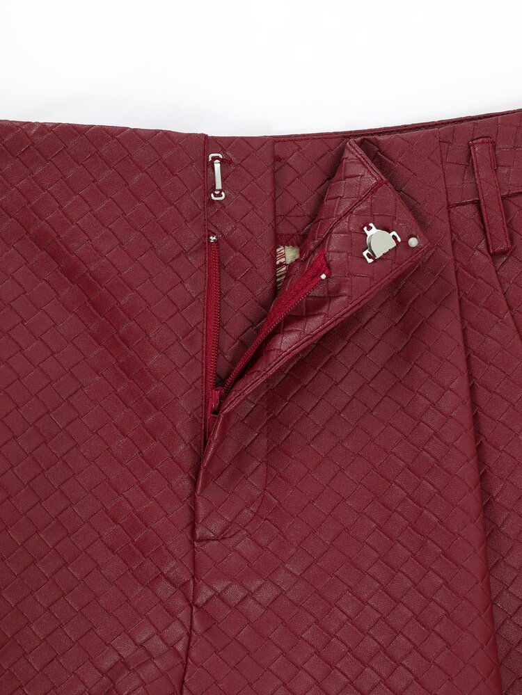 INAWLY Women's Burgundy Woven Leather Shorts - Burgundy - View 4