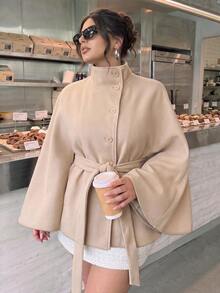 SHEIN BAE CURVE Plus Size Apricot High Neck Belted Cape Wool Coat Fall - Apricot - View 4
