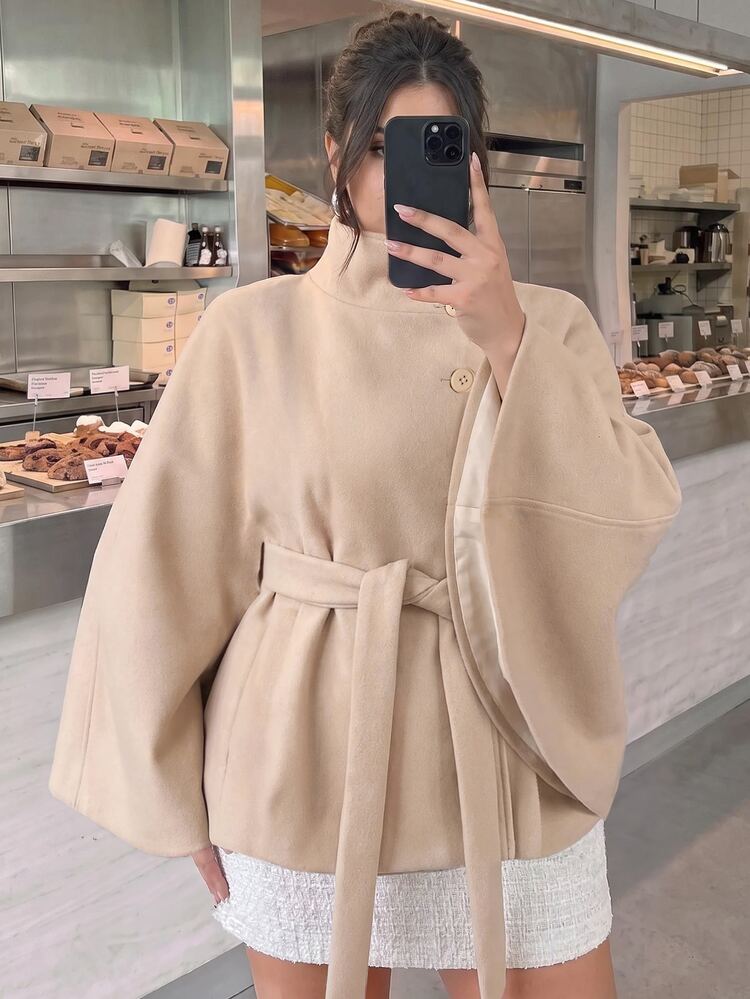 SHEIN BAE CURVE Plus Size Apricot High Neck Belted Cape Wool Coat Fall - Apricot - View 3