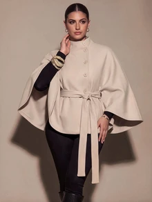 SHEIN BAE CURVE Plus Size Apricot High Neck Belted Cape Wool Coat Fall - Apricot - View 10