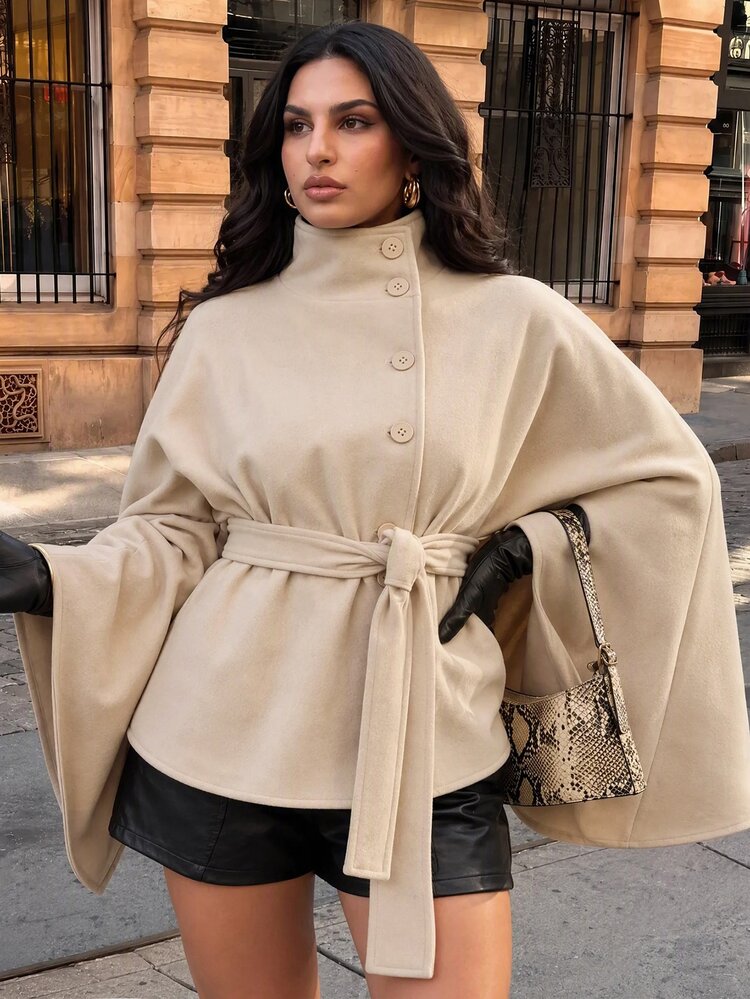 SHEIN BAE CURVE Plus Size Apricot High Neck Belted Cape Wool Coat Fall - Apricot - View 8