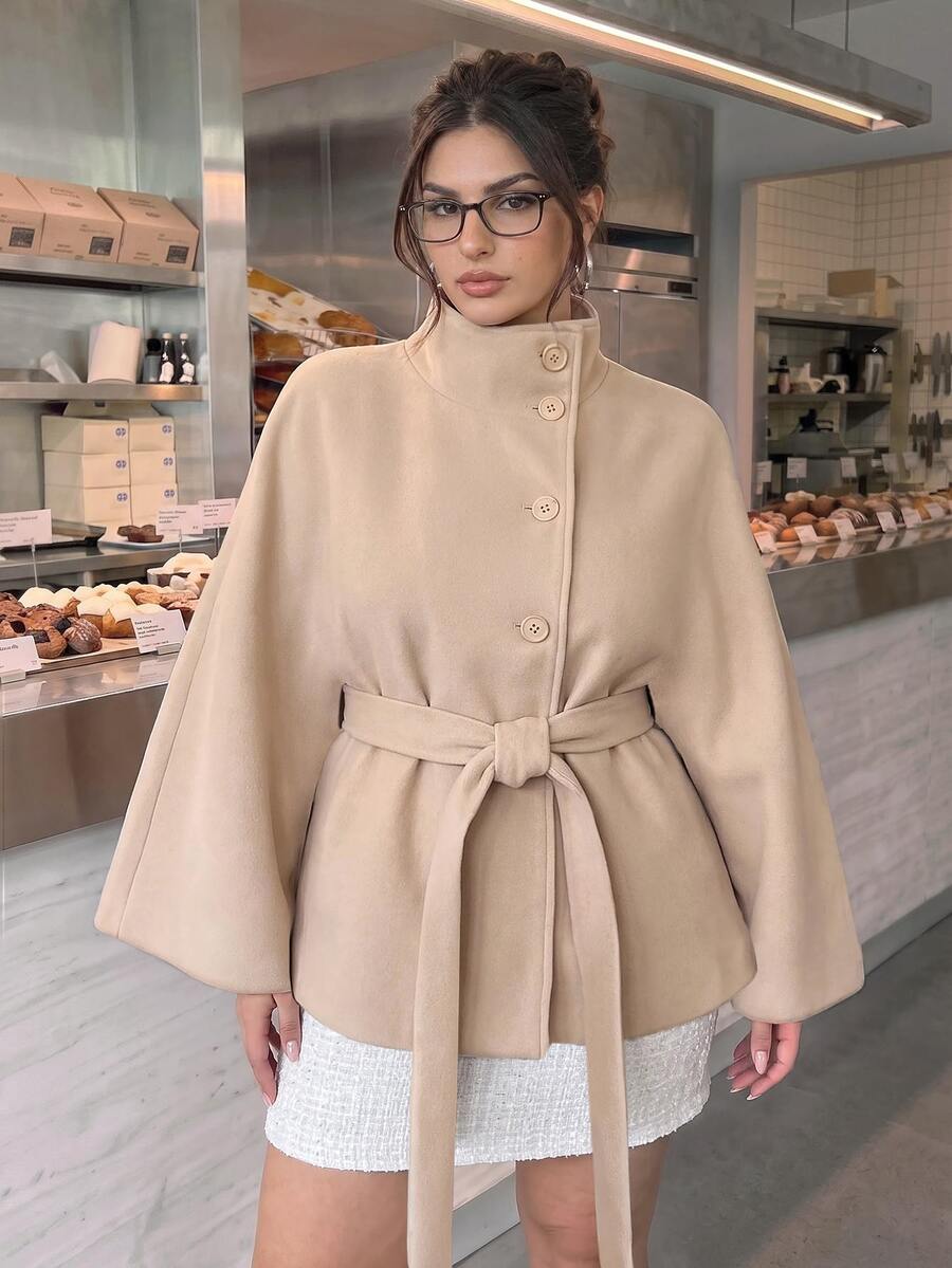 SHEIN BAE CURVE Plus Size Apricot High Neck Belted Cape Wool Coat Fall - Apricot - View 1