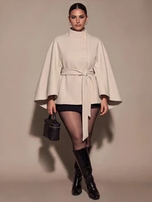 SHEIN BAE CURVE Plus Size Apricot High Neck Belted Cape Wool Coat Fall - Apricot - View 7