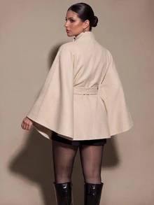 SHEIN BAE CURVE Plus Size Apricot High Neck Belted Cape Wool Coat Fall - Apricot - View 2