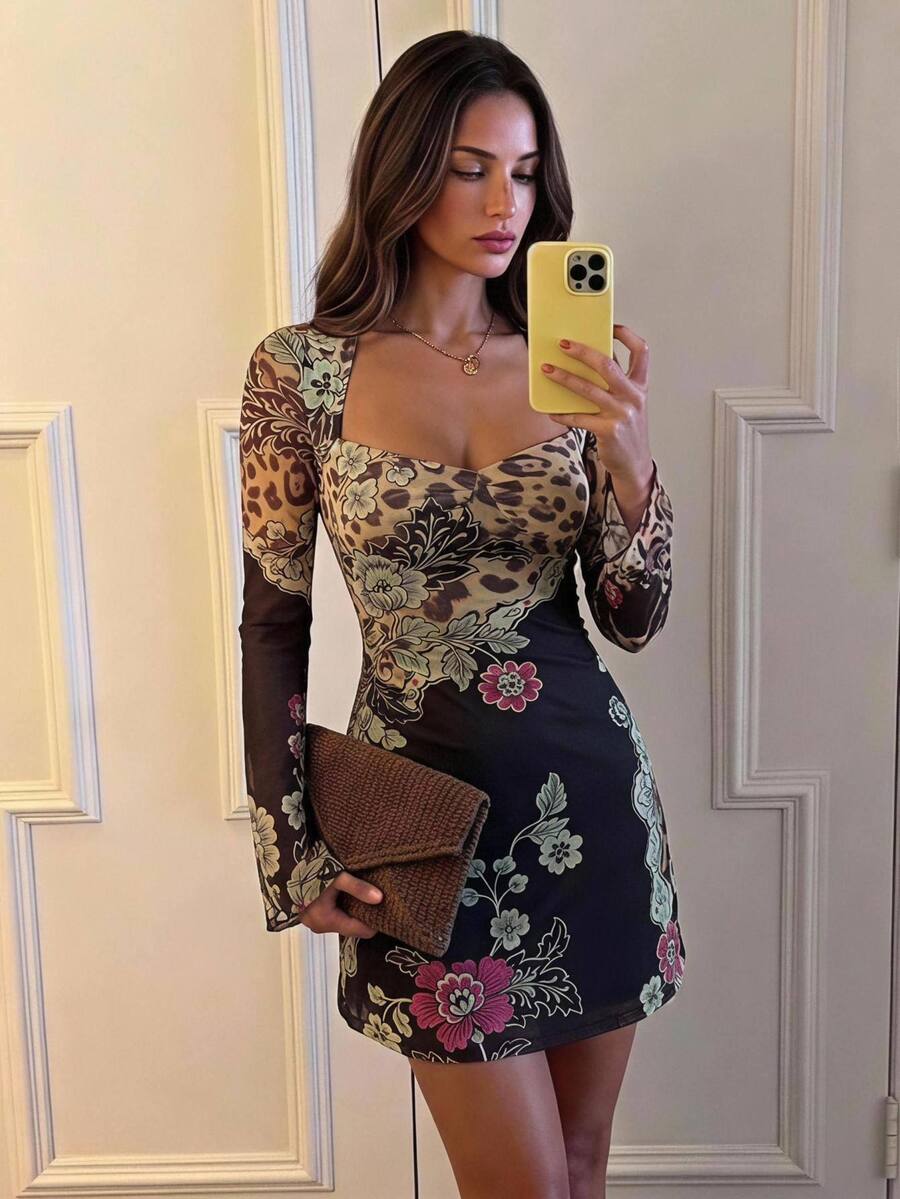 Aloruh Women's American Retro Leopard Print Patchwork Large Floral Contrast Square Neck Long Sleeve Slim Fit Street Sexy Hot Girl Bodycon Mini Dress Fall - Multicolor - View 1