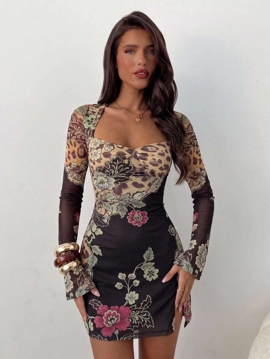 Aloruh Women's American Retro Leopard Print Patchwork Large Floral Contrast Print Square Neck Long Sleeve Slim Fit Flattering Commute Versatile Street Sexy Hot Girl Bodycon Mini Dress - Multicolor - View 1