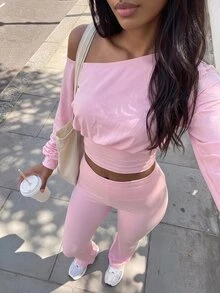 Dewbera Dewbera Women's New Autumn Sexy Pink One-Shoulder Long-Sleeve Top And Flared Trousers,Athleisure Two-Piece Set - Pink - View 4