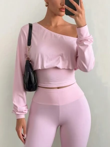 Dewbera Dewbera Women's New Autumn Sexy Pink One-Shoulder Long-Sleeve Top And Flared Trousers,Athleisure Two-Piece Set - Pink - View 3