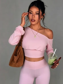 Dewbera Dewbera Women's New Autumn Sexy Pink One-Shoulder Long-Sleeve Top And Flared Trousers,Athleisure Two-Piece Set - Pink - View 1