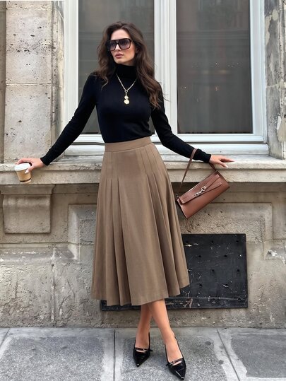 Anewsta Women's Fall/Winter Elegant Casual Vintage Taupe Pleated Skirt High Waist Metal Buckle For Business Office