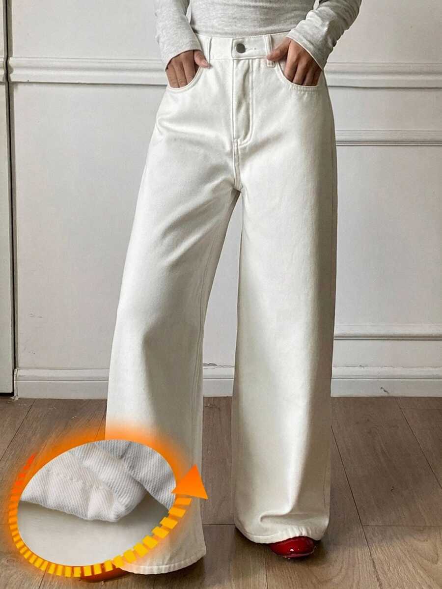 Dazy Kids Tween Girl Straight Leg Loose Thermal Lined Casual Autumn Winter Versatile Daily White Denim Jeans - White - View 1